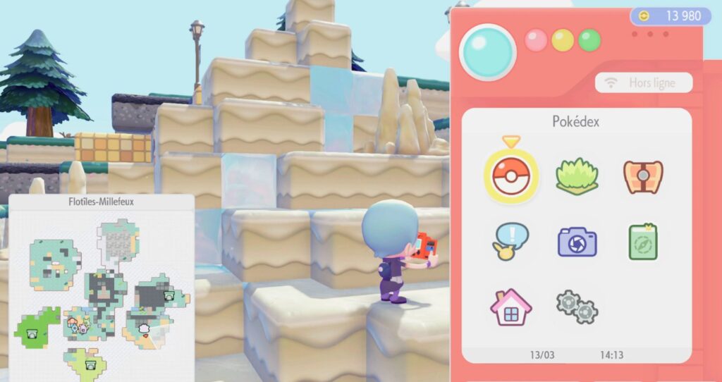 La carte de Flotîles-Millefeux affichée dans l'interface, avec Métamorph qui tient son Pokédex devant des blocs de sable