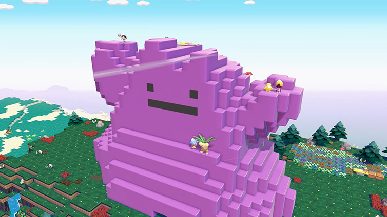 Une gigantesque statue de Métamorph faite de blocs violets, au-dessus d'une ville