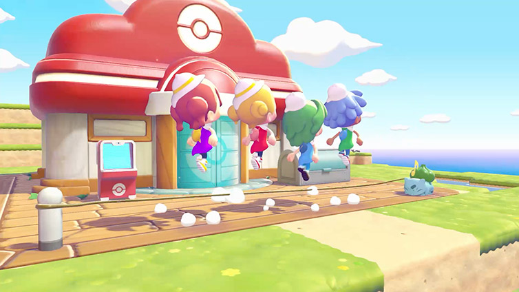 Plusieurs joueurs sautent à la corde devant le Centre Pokémon pendant que Bulbizarre tient la liane