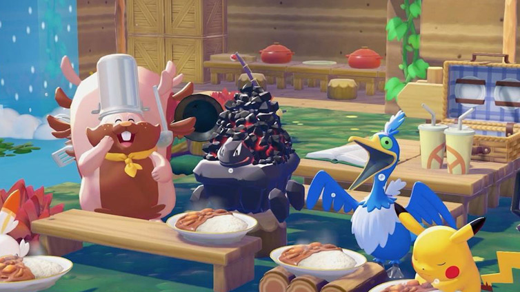 Rongragoût, toque sur la tête, sert des plats à Pikachu, Nigosier et d'autres Pokémon autour d'une table