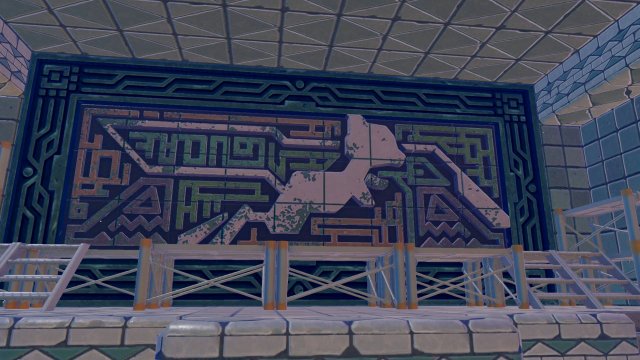 La fresque mystérieuse reconstituée sur un mur de pierre, représentant Mew