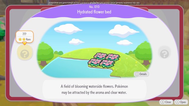 Écran de l’Habitadex de Pokémon Pokopia montrant la fiche du n°010, un parterre de fleurs au bord d’un lac, avec une silhouette de Pokémon rare