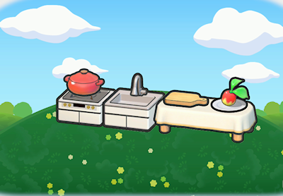 Illustration de l’habitat Cuisine professionnelle : cuisinière avec marmite, évier et plan de travail avec un plat sur une colline herbeuse
