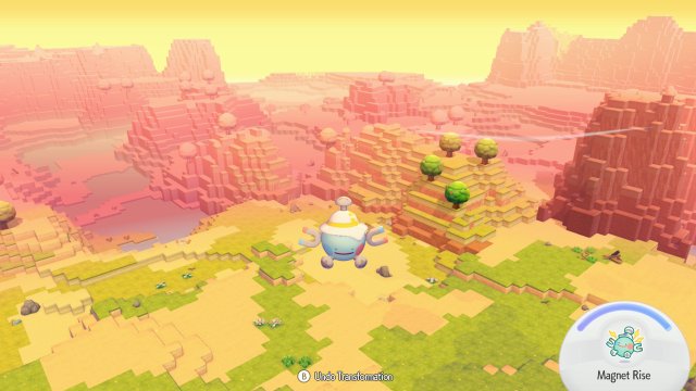 Une Île-Nuage aménagée avec moulin, réverbères et Centre Pokémon, sous un ciel rosé