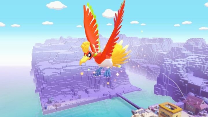 Ho-Oh survole une falaise violette au-dessus de la mer dans Pokémon Pokopia