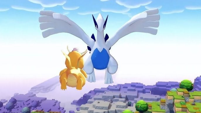Lugia vole dans le ciel au-dessus d'une île, accompagné de Dracolosse