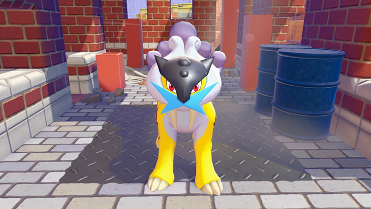 Raikou devant un bâtiment de briques dans Pokémon Pokopia