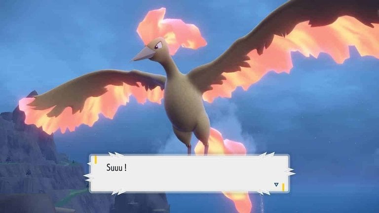 Sulfura déploie ses ailes enflammées au-dessus d'une montagne, avec une bulle de dialogue « Suuu ! »