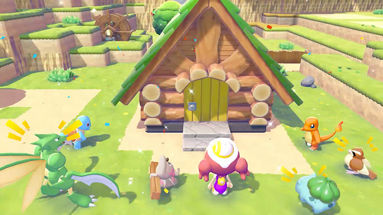 Une cabane en rondins à toit végétal entourée de Pokémon : Carapuce, Salamèche, Bulbizarre, Insécateur et d'autres, avec Métamorph au premier plan
