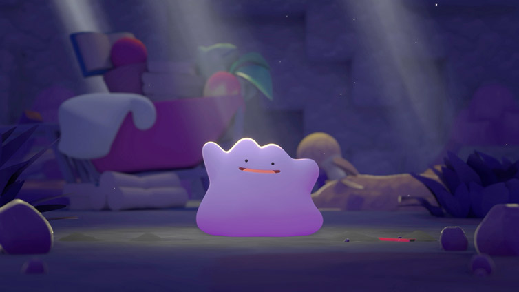Métamorph, un Pokémon violet à l'air placide, au centre d'une scène sombre et éclairée par des rayons de lumière