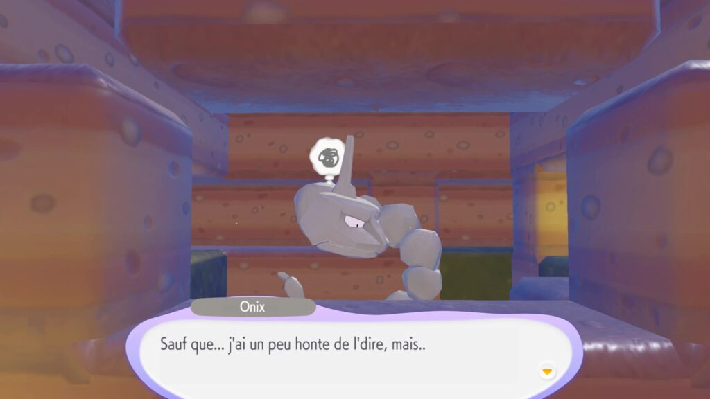 Onix dans sa prison de pierre à Terrassec, avec une bulle de pensée et la phrase « Sauf que... j'ai un peu honte de l'dire, mais.. »