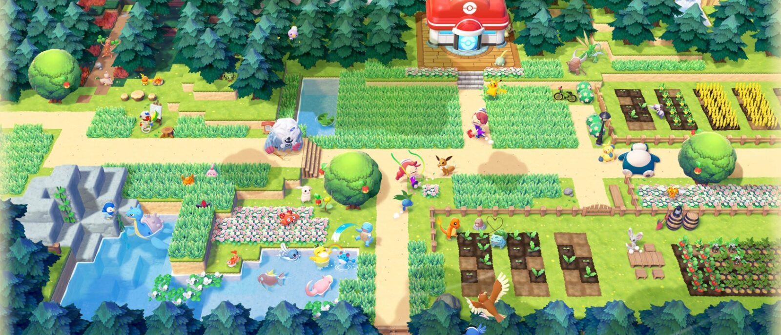 Vue aérienne d'un village de Pokémon Pokopia : Centre Pokémon, potagers, étang et nombreux Pokémon au milieu des sapins