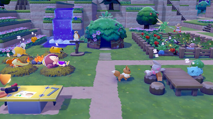 Une ville verdoyante de Pokémon Pokopia avec habitats, potager, cascade et Pokémon qui se reposent