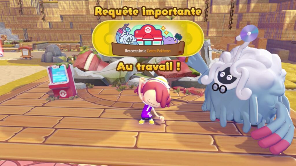 Métamorph et le Professeur Bouldeneu devant le PC du Centre Pokémon en ruines, sous la bannière « Requête importante : Reconstruire le Centre Pokémon »