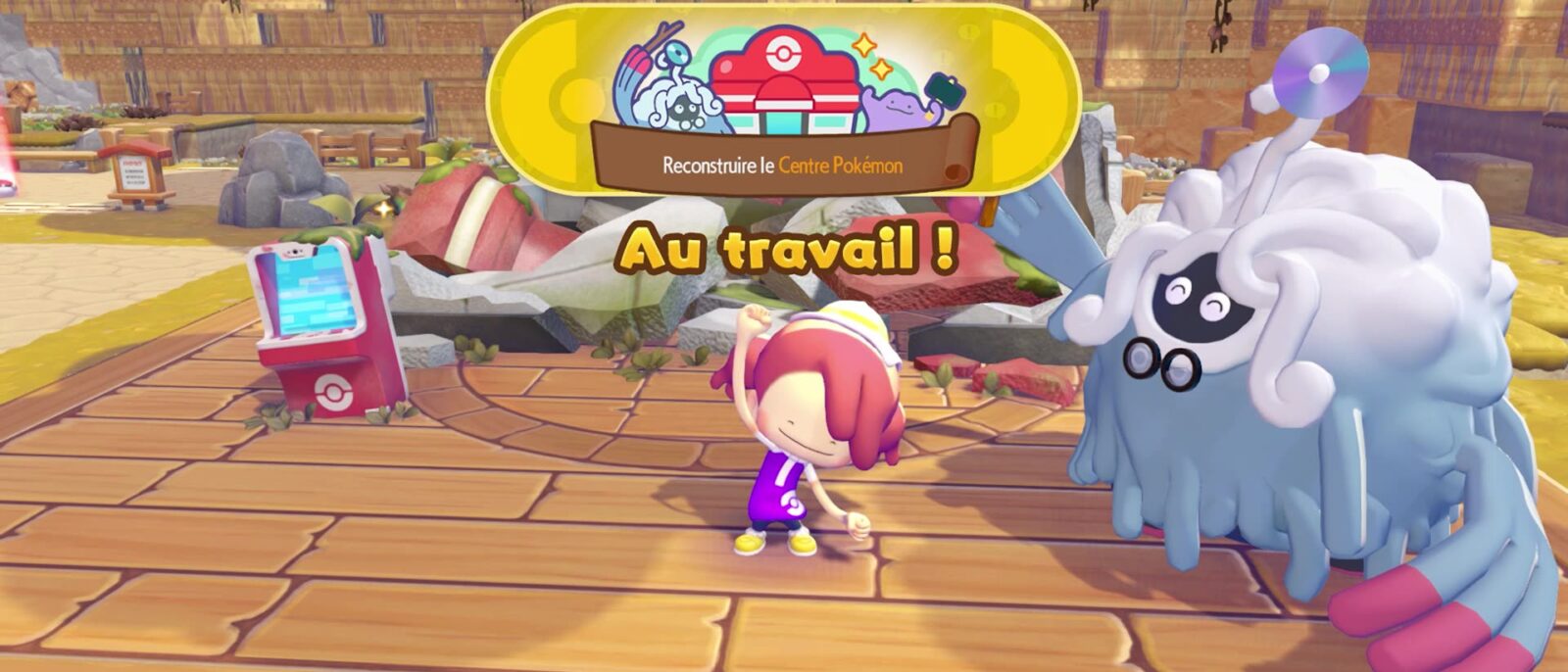 Écran « Requête importante : Reconstruire le Centre Pokémon » dans Pokémon Pokopia, avec Métamorph et le Professeur Bouldeneu devant les ruines du Centre Pokémon