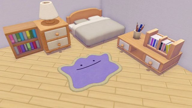 Un tapis violet en forme de Métamorph posé dans une chambre meublée