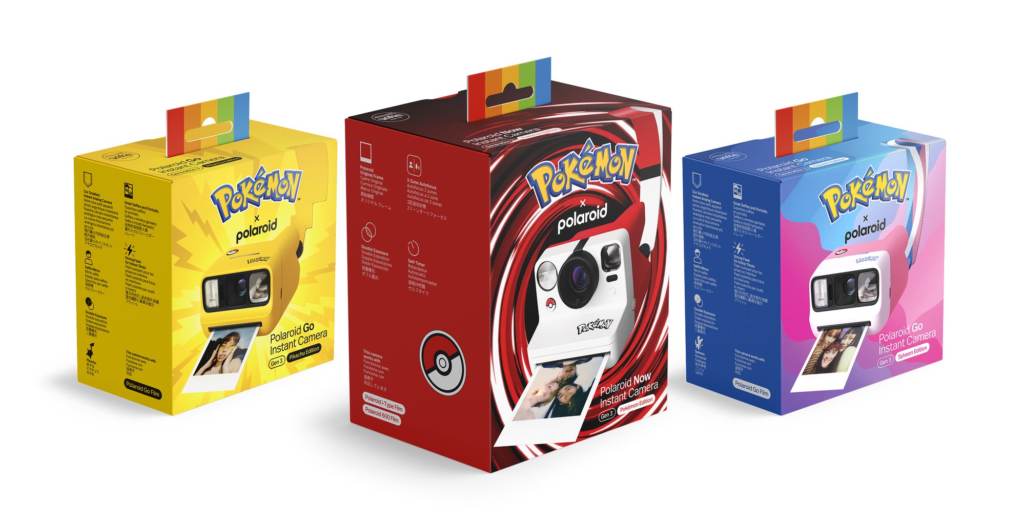 Les coffrets des trois appareils Polaroid x Pokémon : Go Pikachu jaune, Now Poké Ball rouge et Go Nymphali rose et bleu