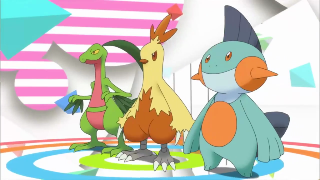 Their first evolutions: Grovyle, Combusken and Marshtomp.