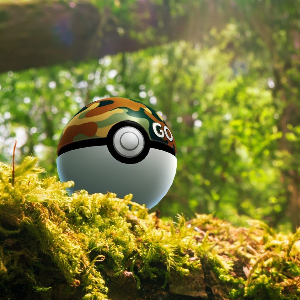 Une Safari GO Ball posée sur la mousse dans une forêt