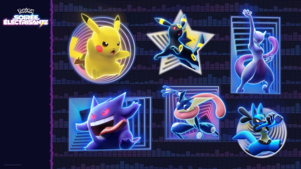 Fond d'écran officiel de la Soirée électrisante Pokémon avec Pikachu, Noctali, Mewtwo, Ectoplasma, Amphinobi et Lucario