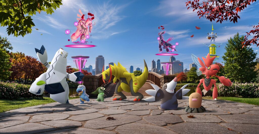 Visuel officiel des Terres Sauvages Pokémon GO 2026 avec Dialga et Palkia Dynamax au-dessus d'une Source d'énergie