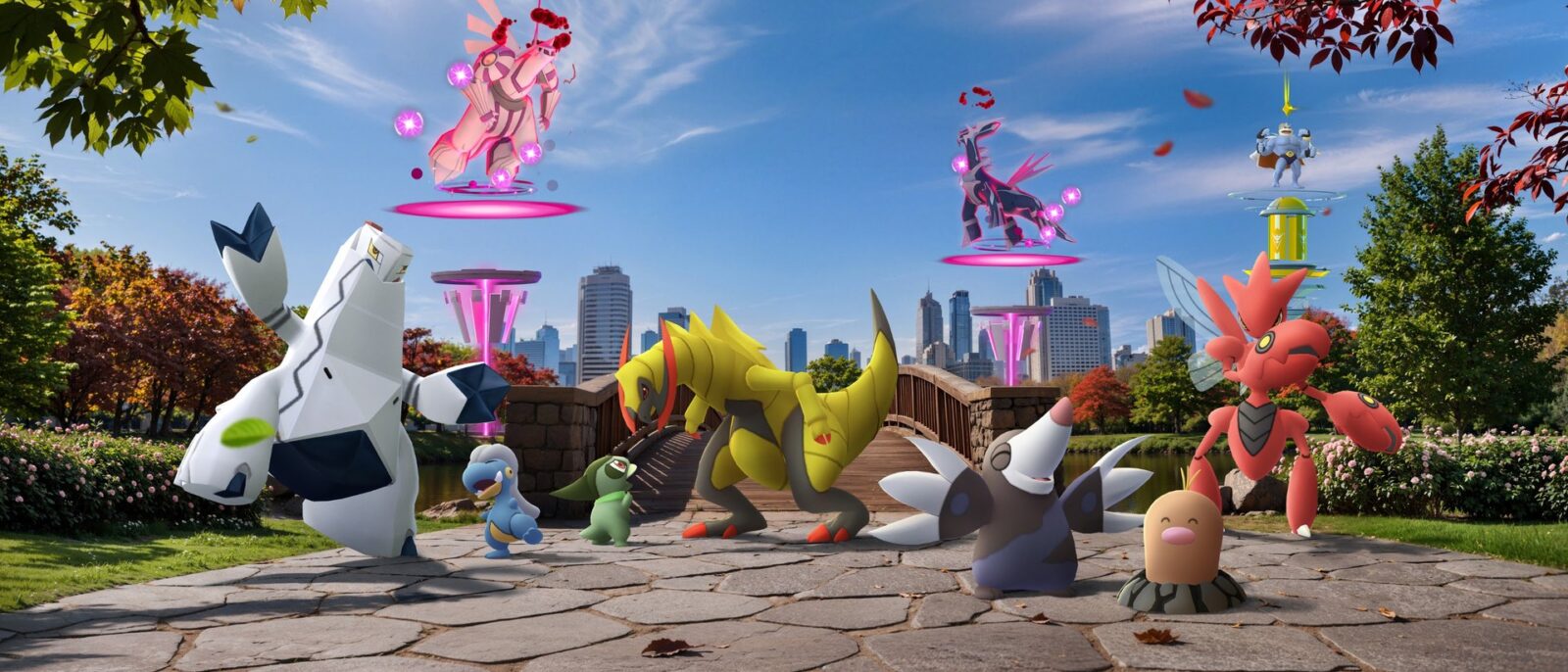 Visuel officiel des Terres Sauvages Pokémon GO mondiales 2026 avec Dialga et Palkia Dynamax, Mackogneur en veste, Tranchodon et Cizayox