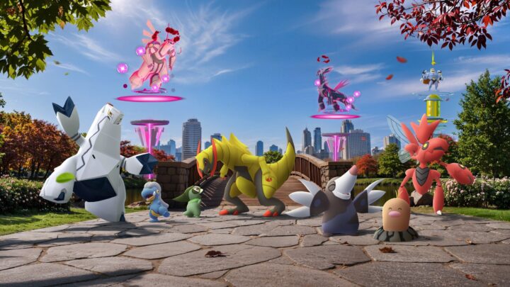 Visuel officiel des Terres Sauvages Pokémon GO mondiales 2026 avec Dialga et Palkia Dynamax, Mackogneur en veste, Tranchodon et Cizayox