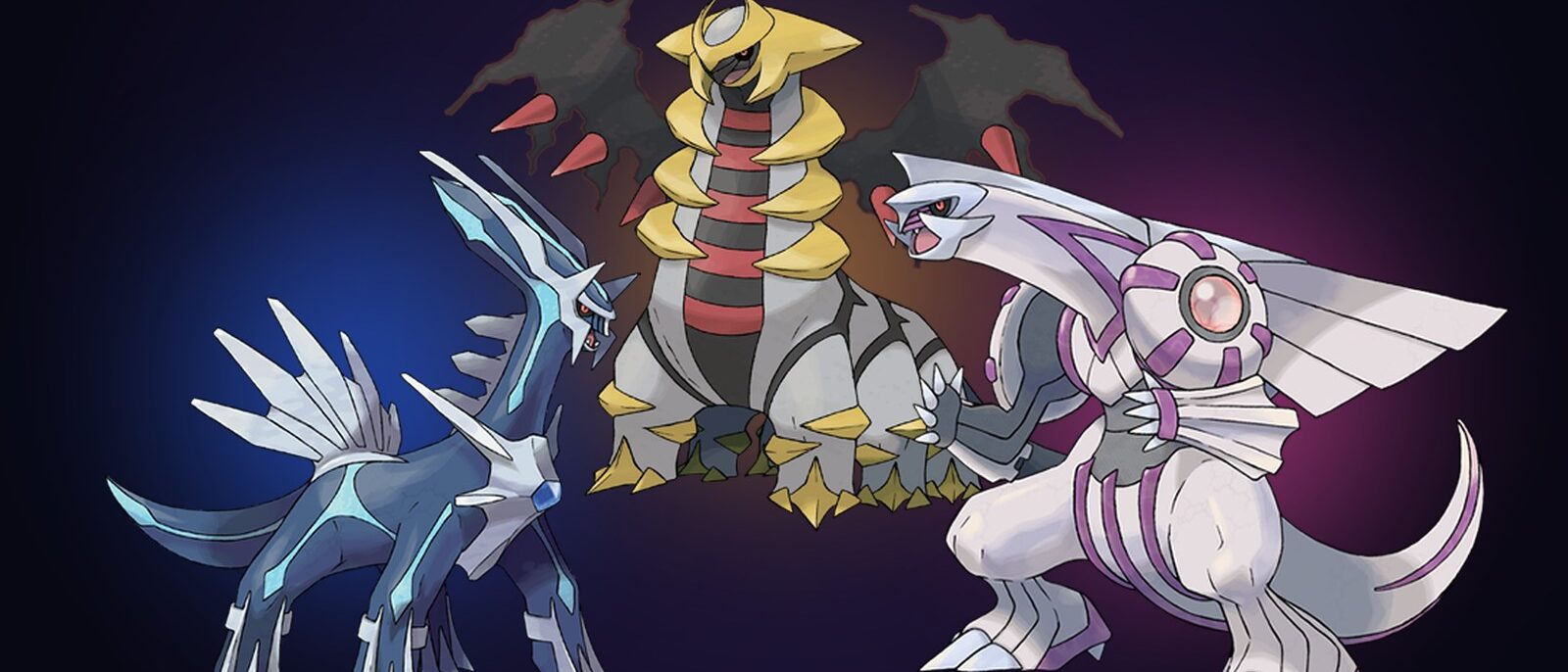 Artworks officiels de Dialga, Giratina et Palkia réunis sur fond sombre