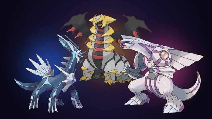 Artworks officiels de Dialga, Giratina et Palkia réunis sur fond sombre