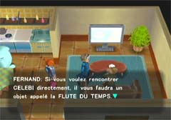 Un habitant de Samaragd parle de la Flûte du Temps, qui fait apparaître Celebi (notre partie de 2004).