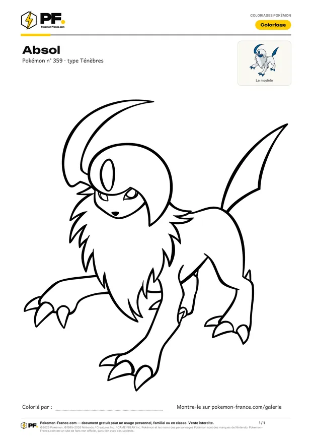 Coloriage Absol à imprimer au format A4