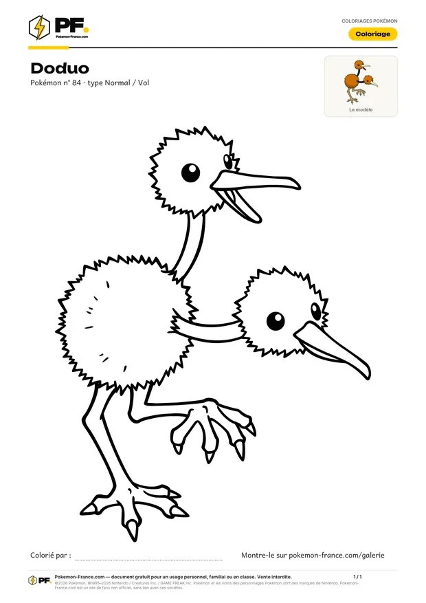 Coloriage Doduo à imprimer au format A4