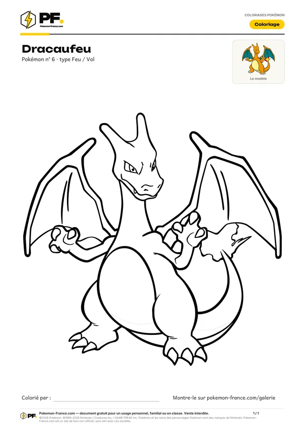 Coloriage Dracaufeu à imprimer au format A4
