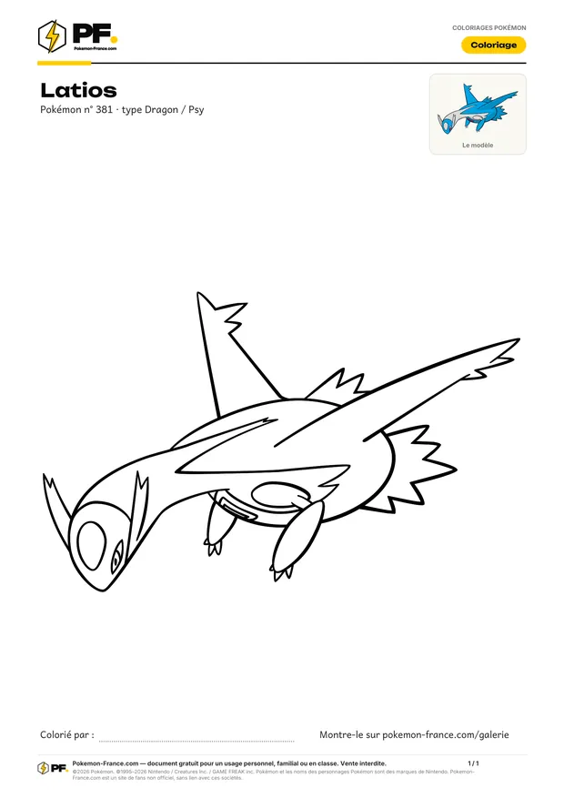 Coloriage Latios à imprimer au format A4