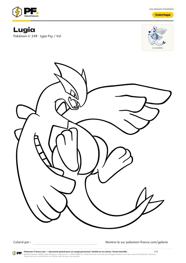 Coloriage Lugia à imprimer au format A4