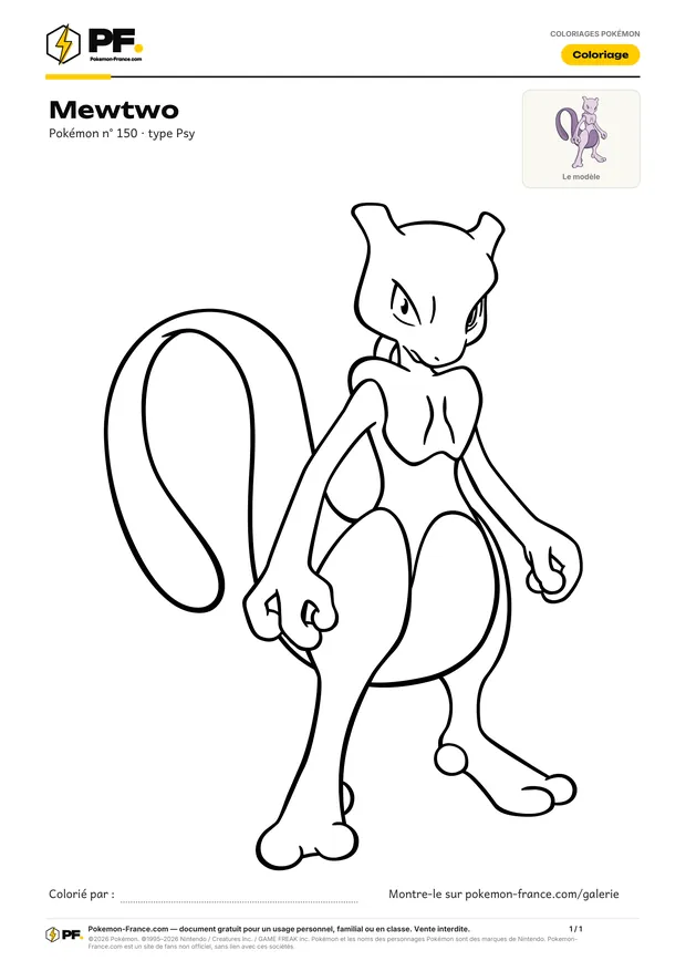 Coloriage Mewtwo à imprimer au format A4