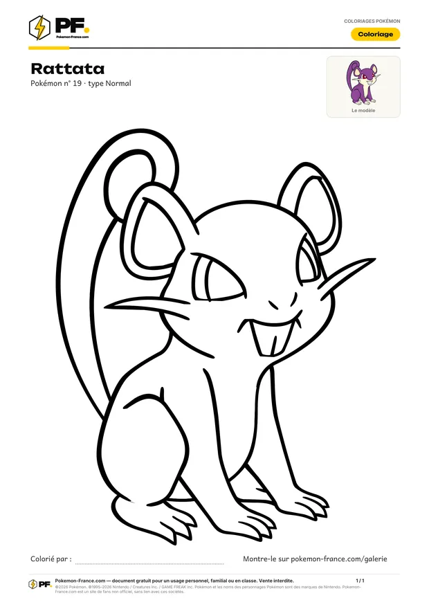 Coloriage Rattata à imprimer au format A4