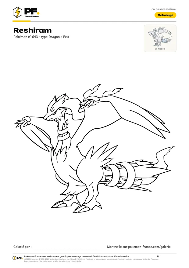 Coloriage Reshiram à imprimer au format A4
