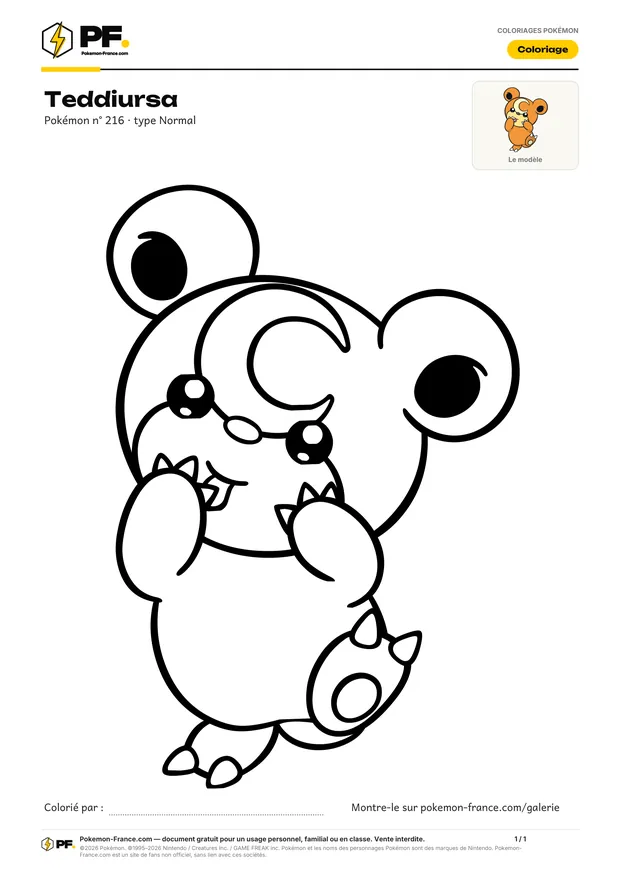 Coloriage Teddiursa à imprimer au format A4
