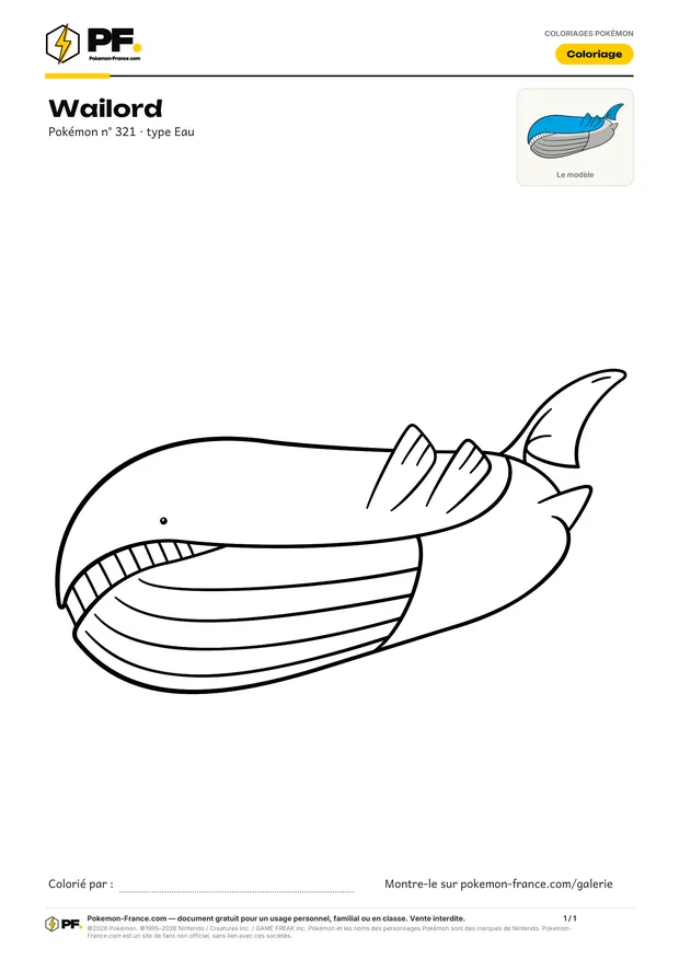 Coloriage Wailord à imprimer au format A4