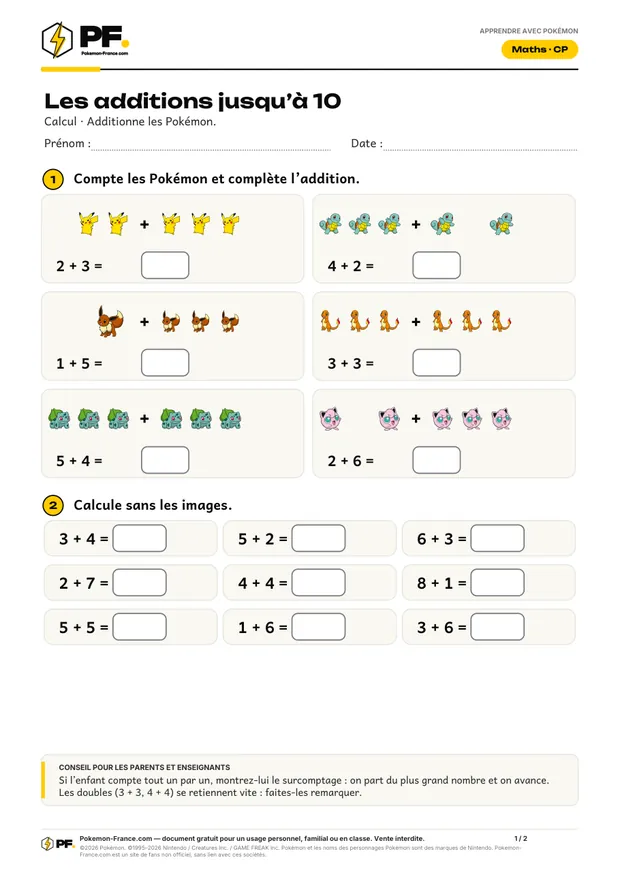 Fiche d’exercices Pokémon « Les additions jusqu’à 10 » pour le CP