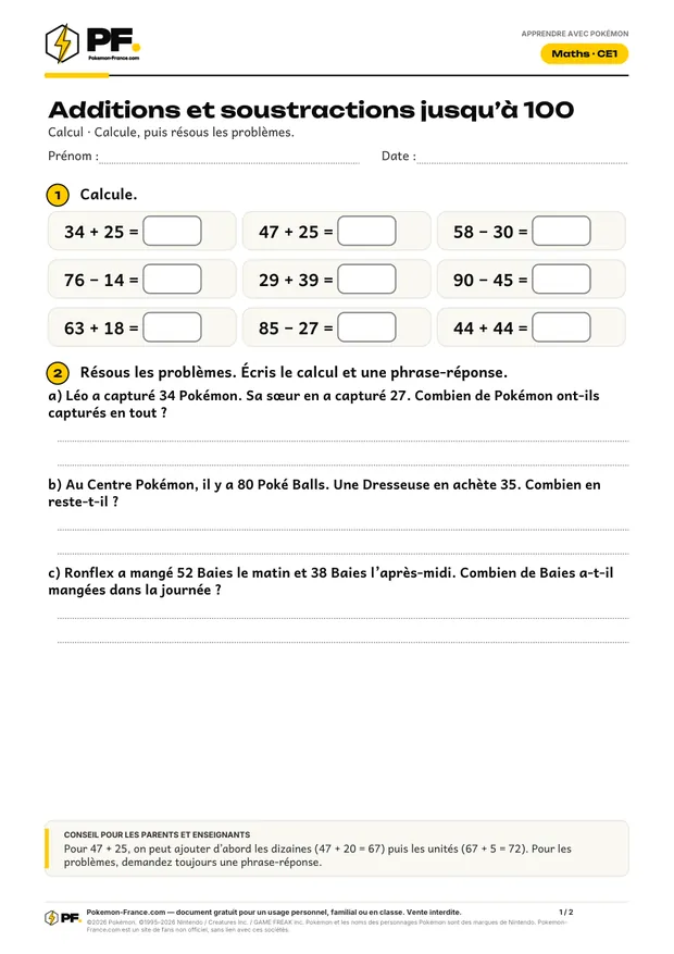 Aperçu de la première page : Additions et soustractions jusqu’à 100