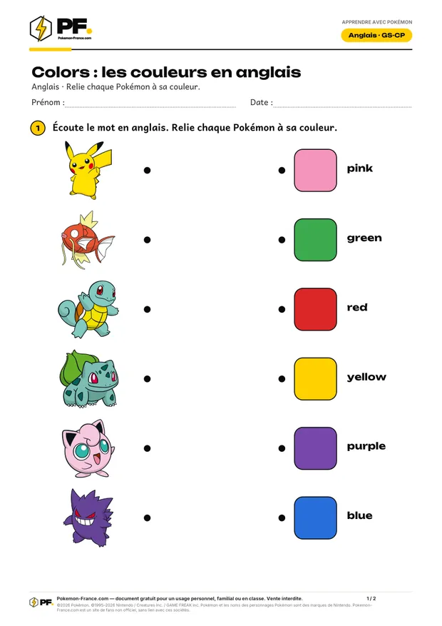 Aperçu de la première page : Colors : les couleurs en anglais