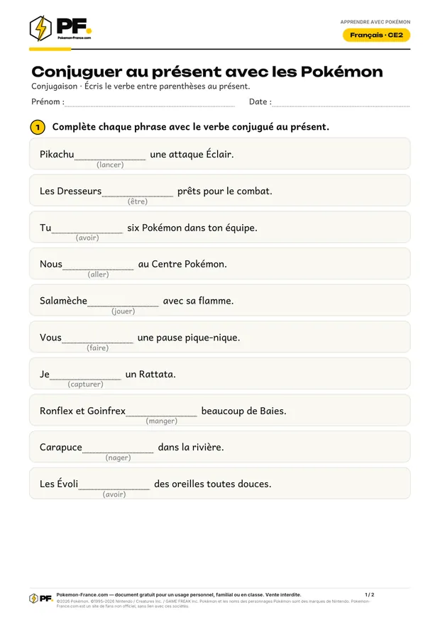 Aperçu de la première page : Conjuguer au présent avec les Pokémon