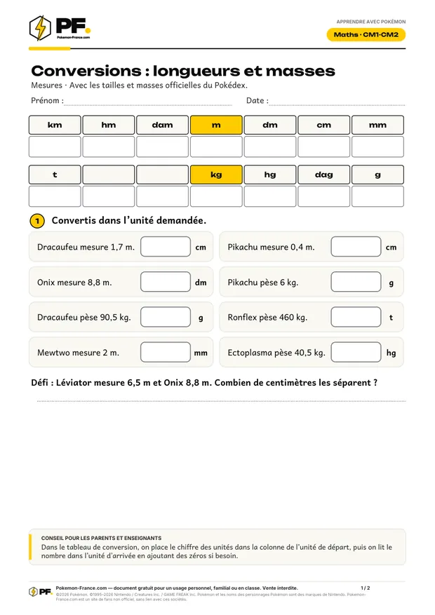 Aperçu de la première page : Conversions : longueurs et masses