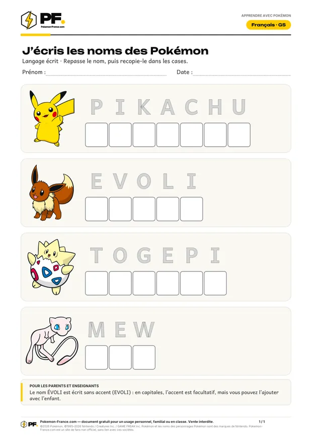 Aperçu de la première page : J’écris les noms des Pokémon