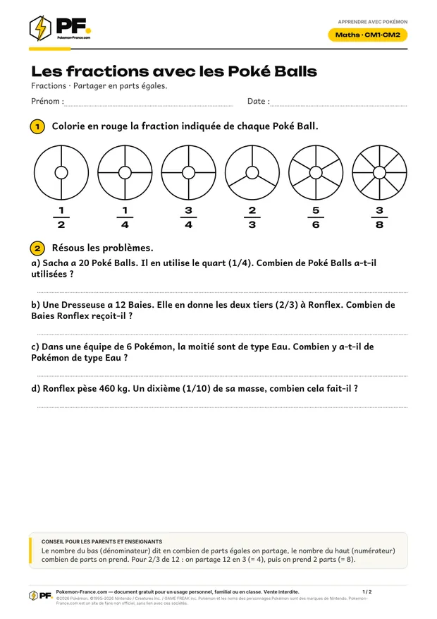 Aperçu de la première page : Les fractions avec les Poké Balls