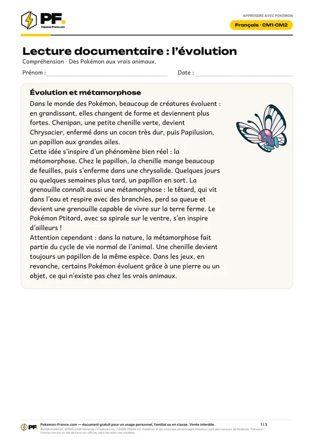 Aperçu de la première page : Lecture documentaire : l’évolution, des Pokémon aux animaux