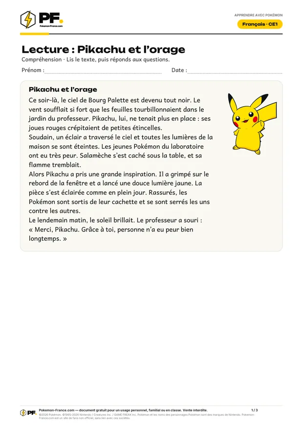 Aperçu de la première page : Lecture : Pikachu et l’orage
