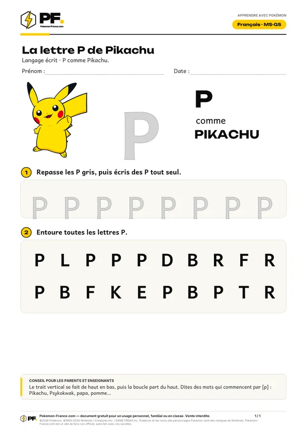 Aperçu de la première page : La lettre P de Pikachu